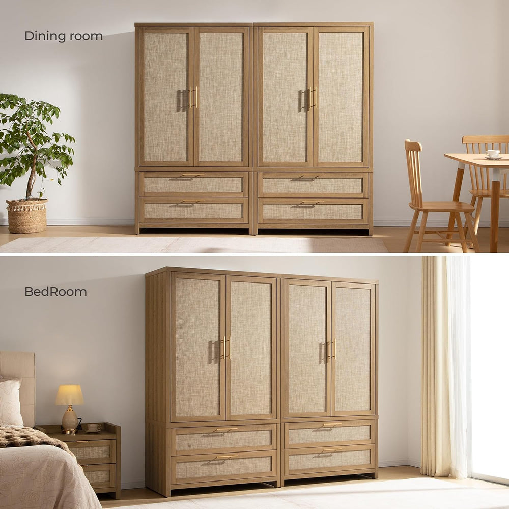 SICOTAS 71 inch Armoire Wardrobe Closet, Rattan Boho Wardrobe with Drawers