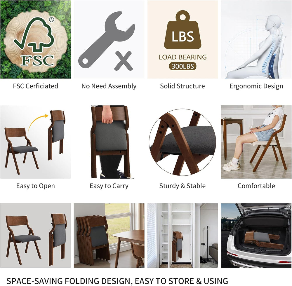 Ball & Cast Upholstered Folding Dining Chairs Set of 2, Foldable Wooden C...