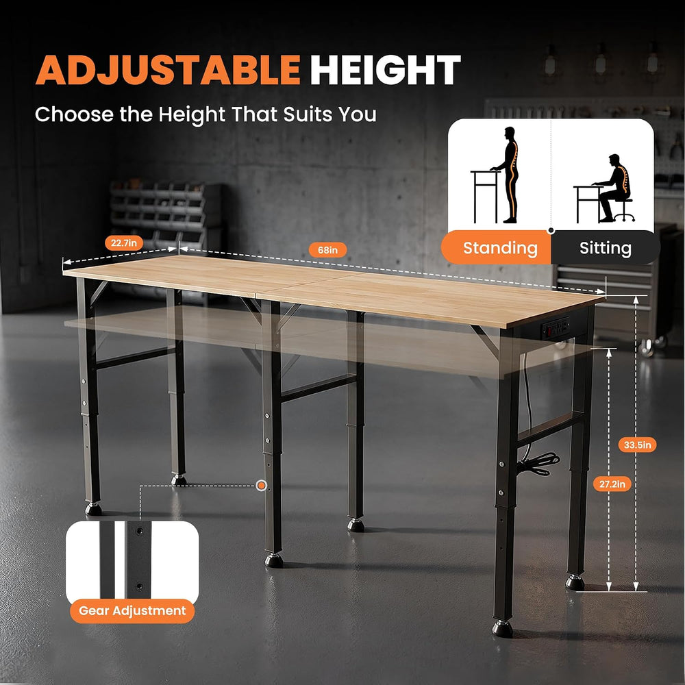 OLBRUS 68'' Adjustable Workbench with Power Outlet, Heavy Duty Work B...