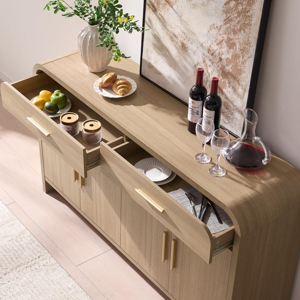 59" Sideboard Buffet Cabinet with Storage, 4 Doors Wood Cabinet Natural Oak