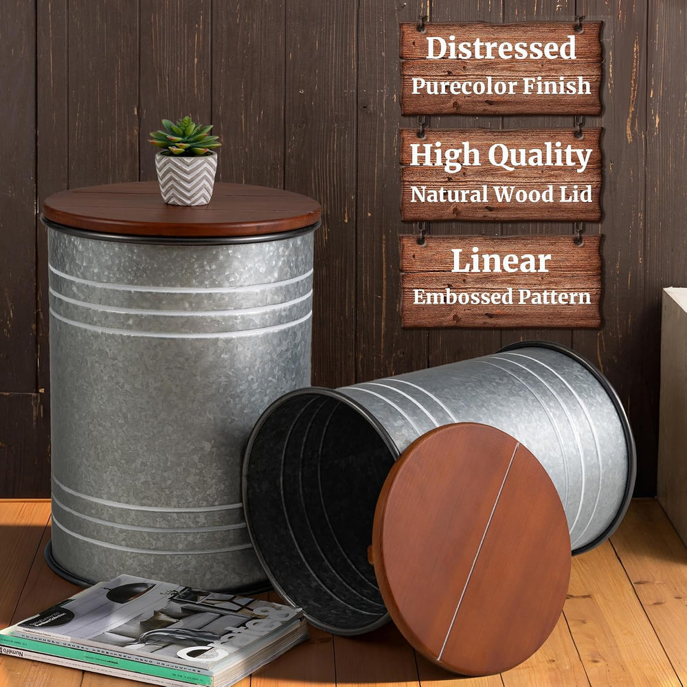 Glitzhome Farmhouse Accent Side Table, Metal Storage Stool Ottoman with Round...