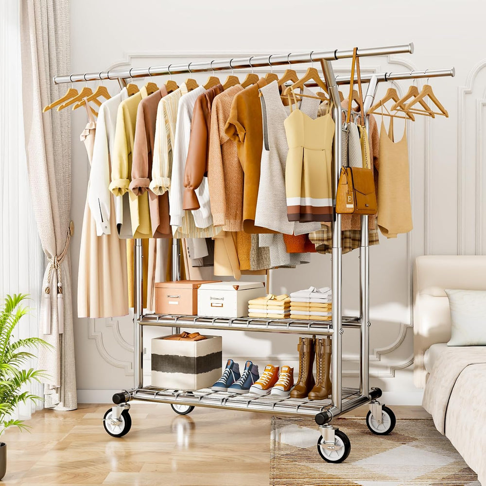 HYSEYY Heavy Duty Clothes Rack 620 LBS, Rolling Clothing Rack with Wheels