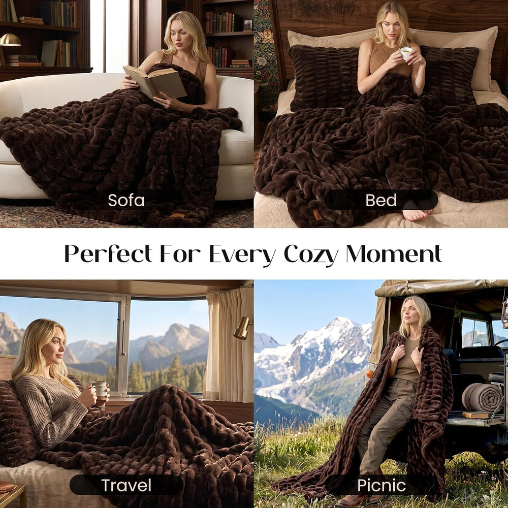 Dream Valley Double-Sided Faux Rabbit Fur Throw Blanket,Dark Brown,50"x6...
