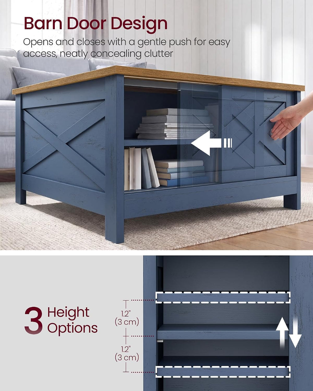 VASAGLE Farmhouse Coffee Table with Storage, Lift Top, Hidden Compartment