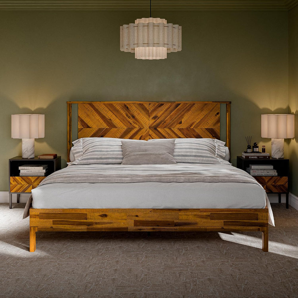 Bme Vivian 14 Inch Deluxe Bed Frame with Headboard, Rustic & Scandinavian...