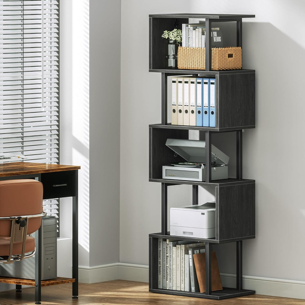 Furologee 6 Tier Bookshelf, S Shaped Geometric Bookcase, Black Oak