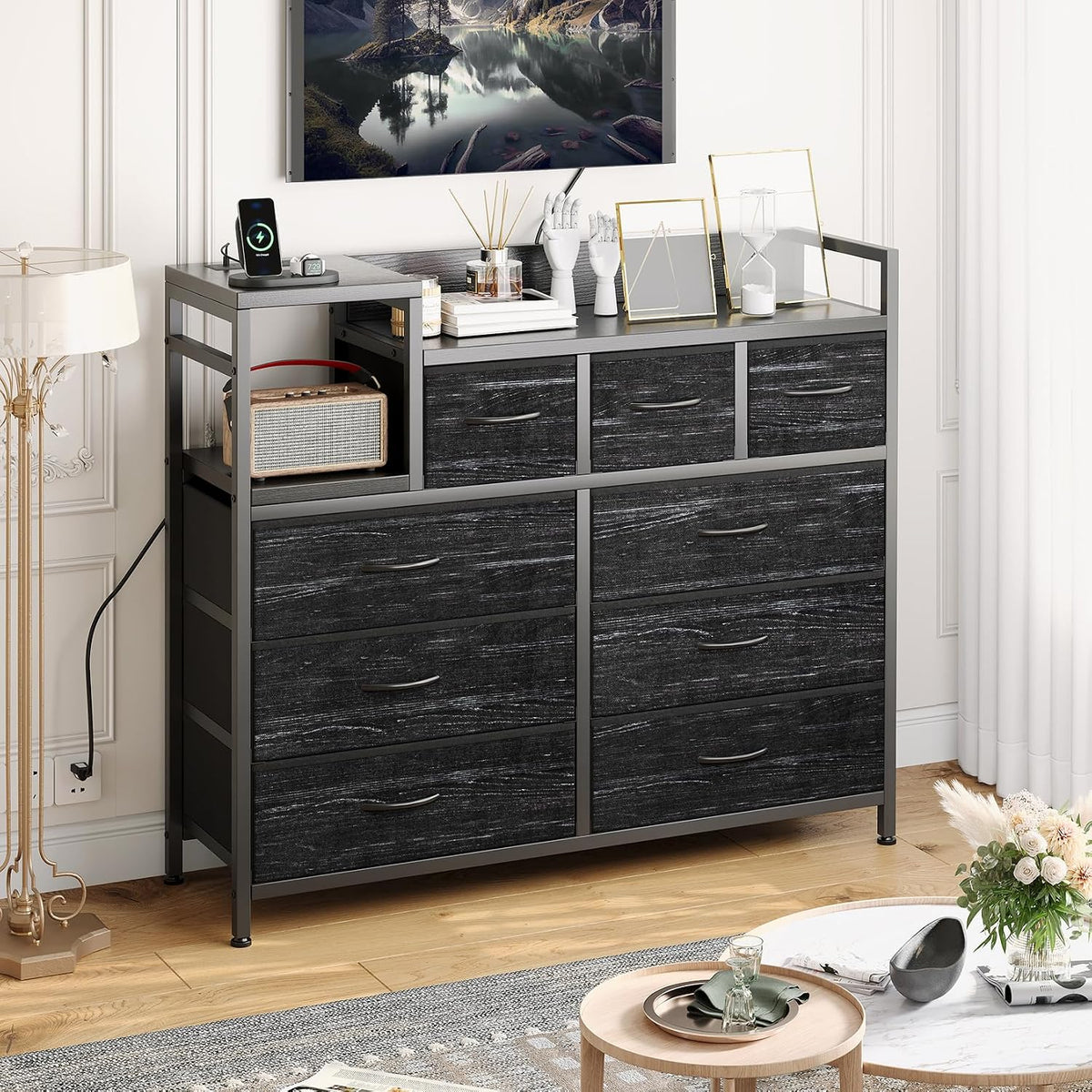 Jojoka TV Stand with Charging Station, Bedroom Dresser for Living Room TV Stand with 9 Drawers,（Black Willow）