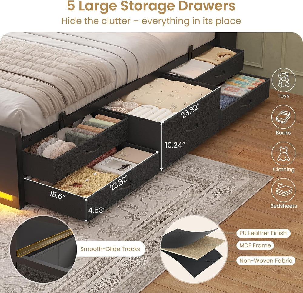 DICTAC Full Bed Frame with Storage Headboard & 5 Drawers, LED Bed Frame F...