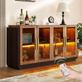 LUXOAK 64" Sideboard Buffet Cabinet with Glass Doors & LED Lights, Brown