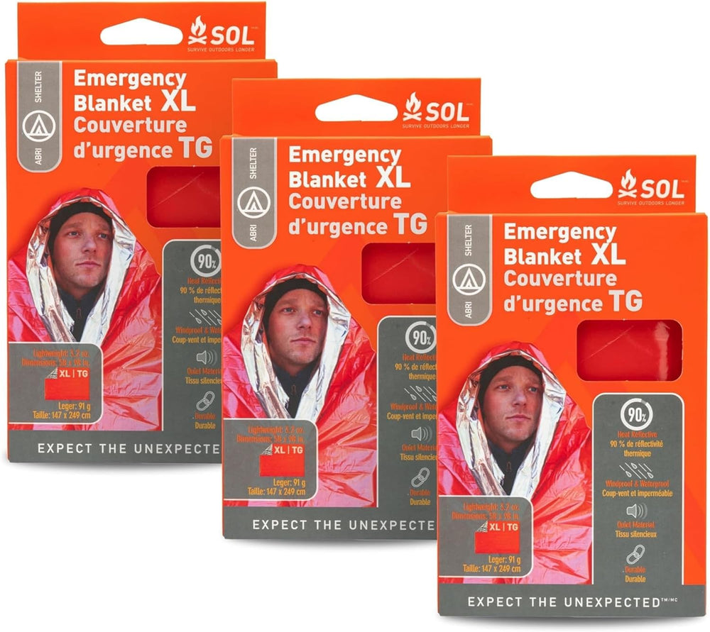 SOL 90% Heat Reflective Emergency Blanket, 58" x 98", Orange (3 Pack)