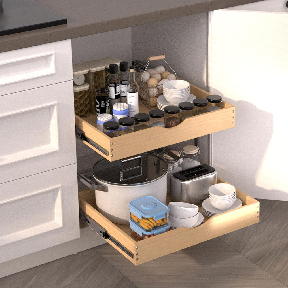 JOWBOOW 2 Tier Pull Out Cabinet Organizer 20"W x 22"D, Solid Wood