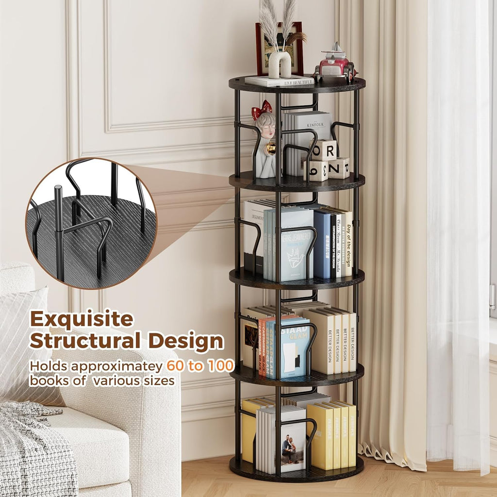 4 Tier Rotating Bookshelf Tower, 360° Display Round Bookcase, Floor Standing Corner Revolving Bookshelf Organizer Storage Rack for Small Spaces, Home Study Office, Black