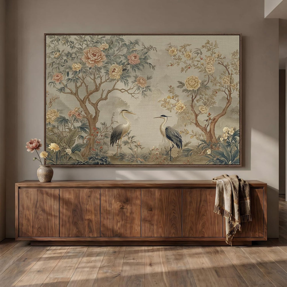 Extra Large Framed Neutral Chinoiserie Wall Art for Living Room, 72x48 Inch