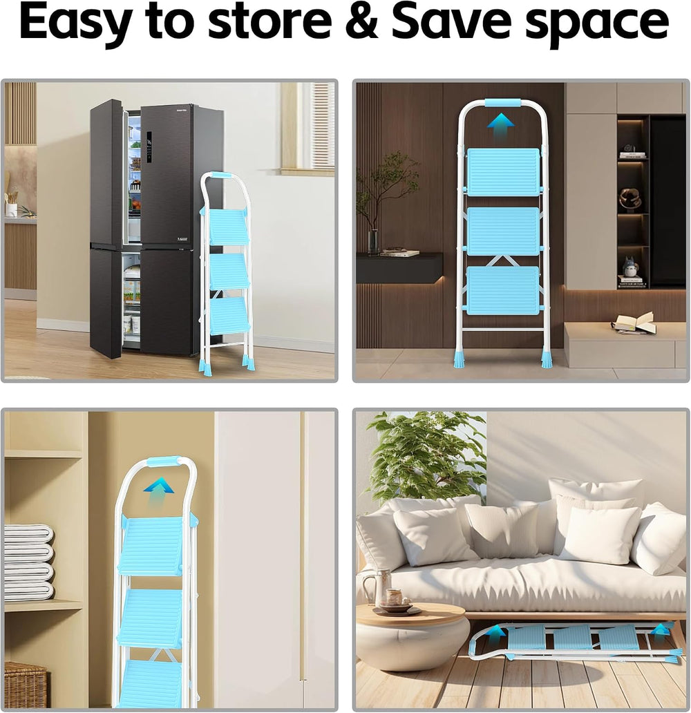 Step Ladder Foldable Folding Stool - for Home Adults Kitchen 3 Stepping Exten...