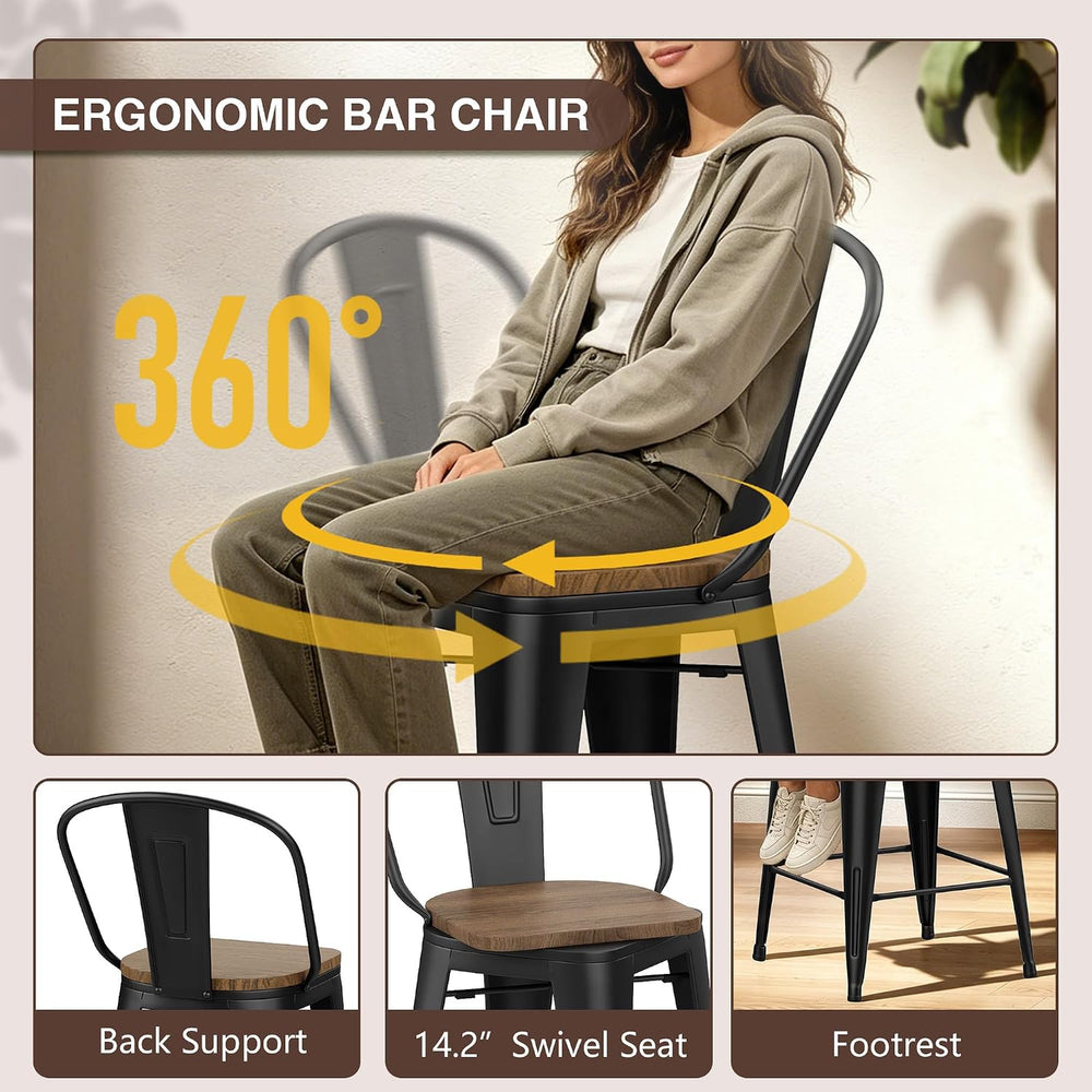 30" Swivel Bar Stools Set of 4 Metal Bar Height Stools with Back