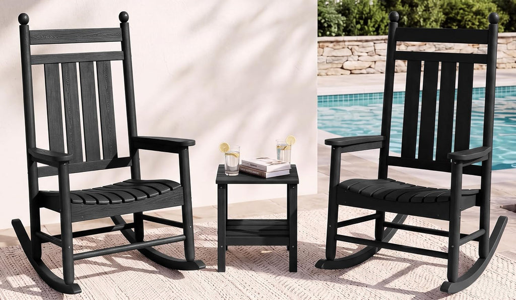 SERWALL Comfortable Outdoor Rocking Chairs Set of 3, Black