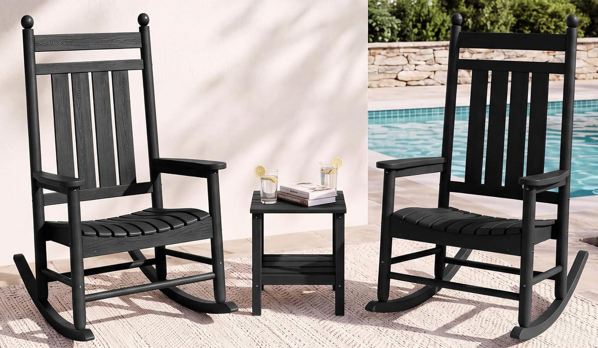 SERWALL Comfortable Outdoor Rocking Chairs Set of 3, Black