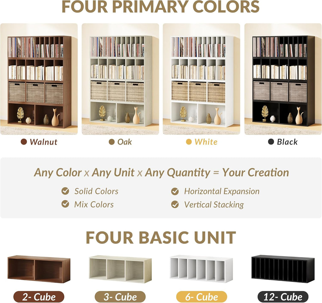 IOTXY DIY Modular Cube Bookcase - CubeXY Customizable Stackable Expandable Basic Shelving Units, 3-Cube Wooden Open Bookshelf for Fabric Storage Bin Organizer, Oak