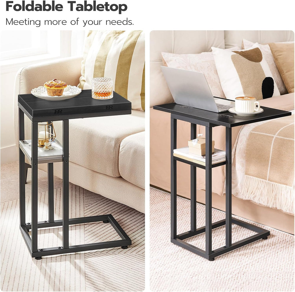 HOOBRO Foldable C Shaped End Table, C Shaped Side Table with Storage Shelf