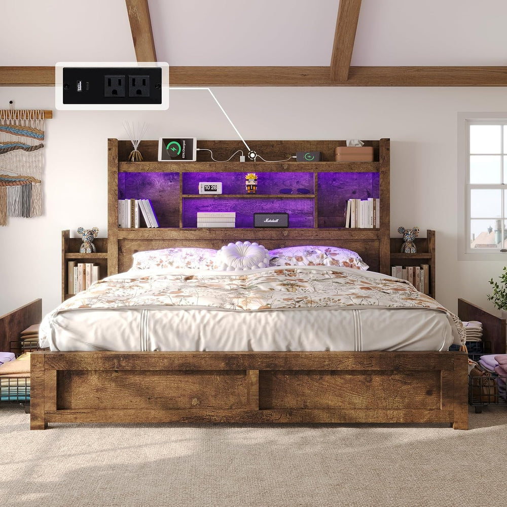 LUXOAK King Size Bed Frame with Bookcase Headboard & Storage, Rustic Brown