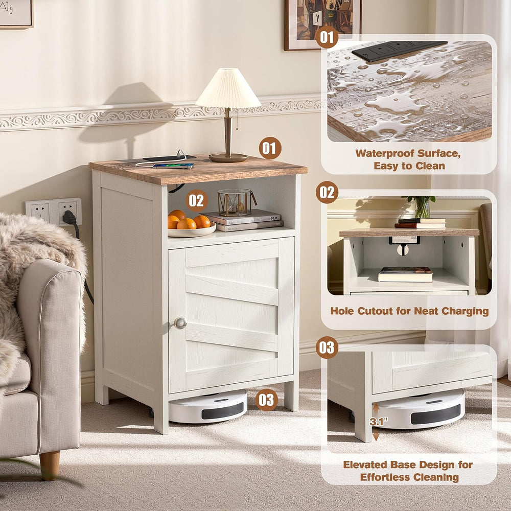 Nightstand with Charging Station, Farmhouse Night Stand Bedside Table with Op...