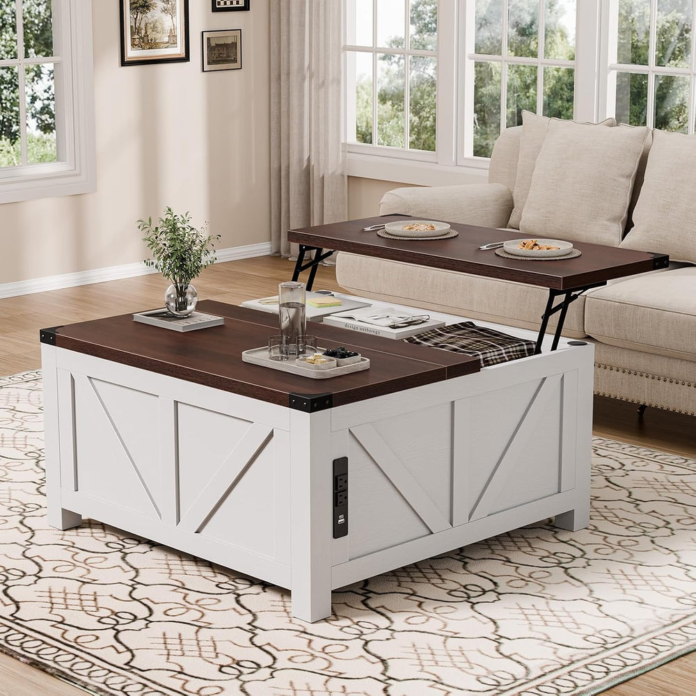 DUMOS Farmhouse Lift Top Coffee Table with Charging Station and Storage