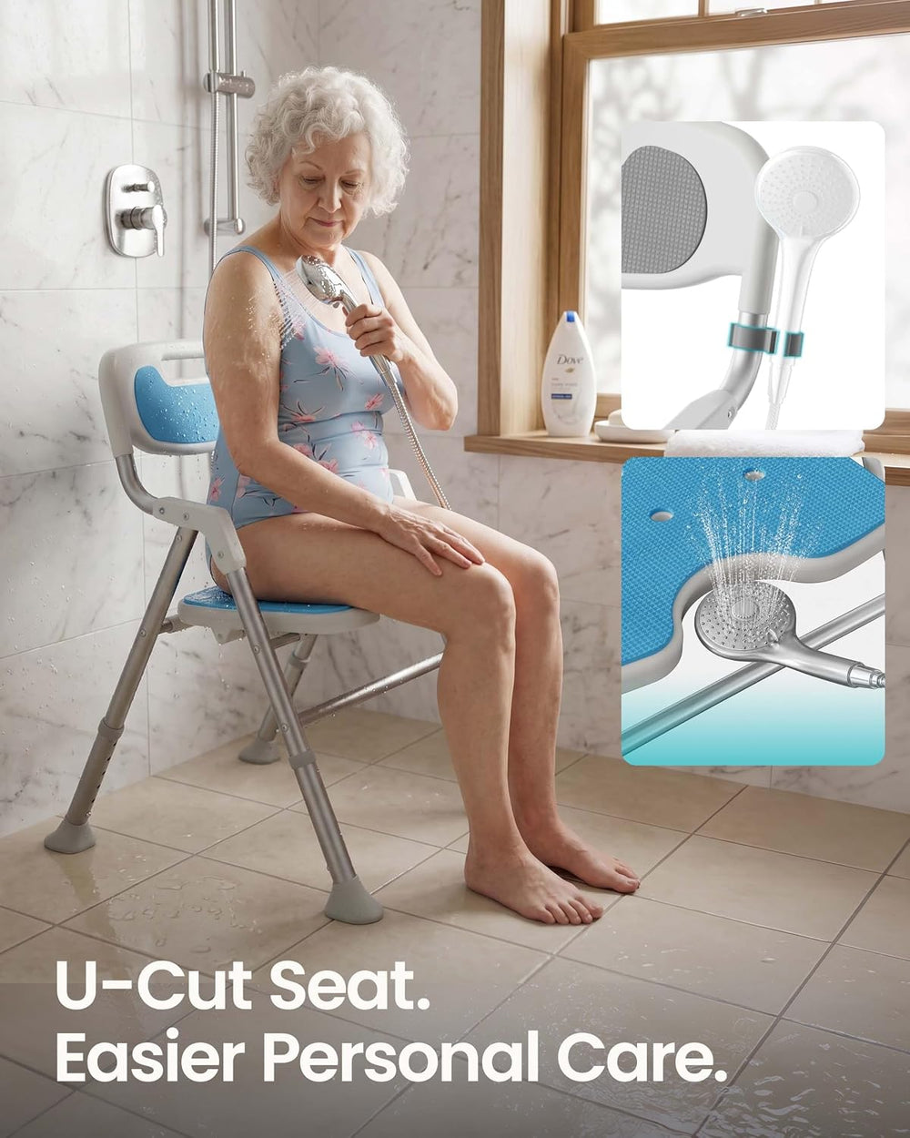 Folding Shower Chair for Inside Shower, Arms and Back, 400 lb, Blue