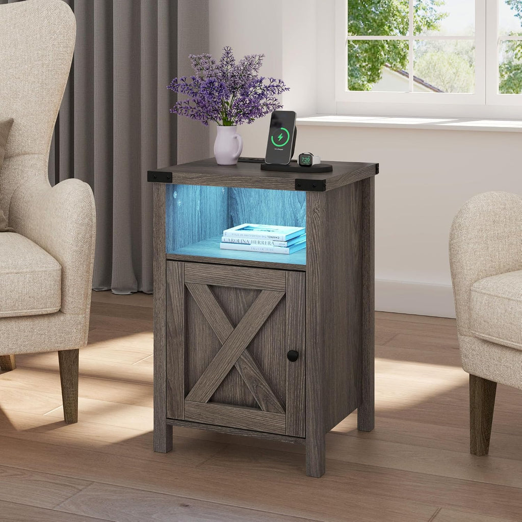 Hlivelood Farmhouse LED Nightstand Set of 2 with Charging Station, Rustic End Table with Barn Door & Storage Shelf, Bedside Table for Bedroom, Living Room, Grey