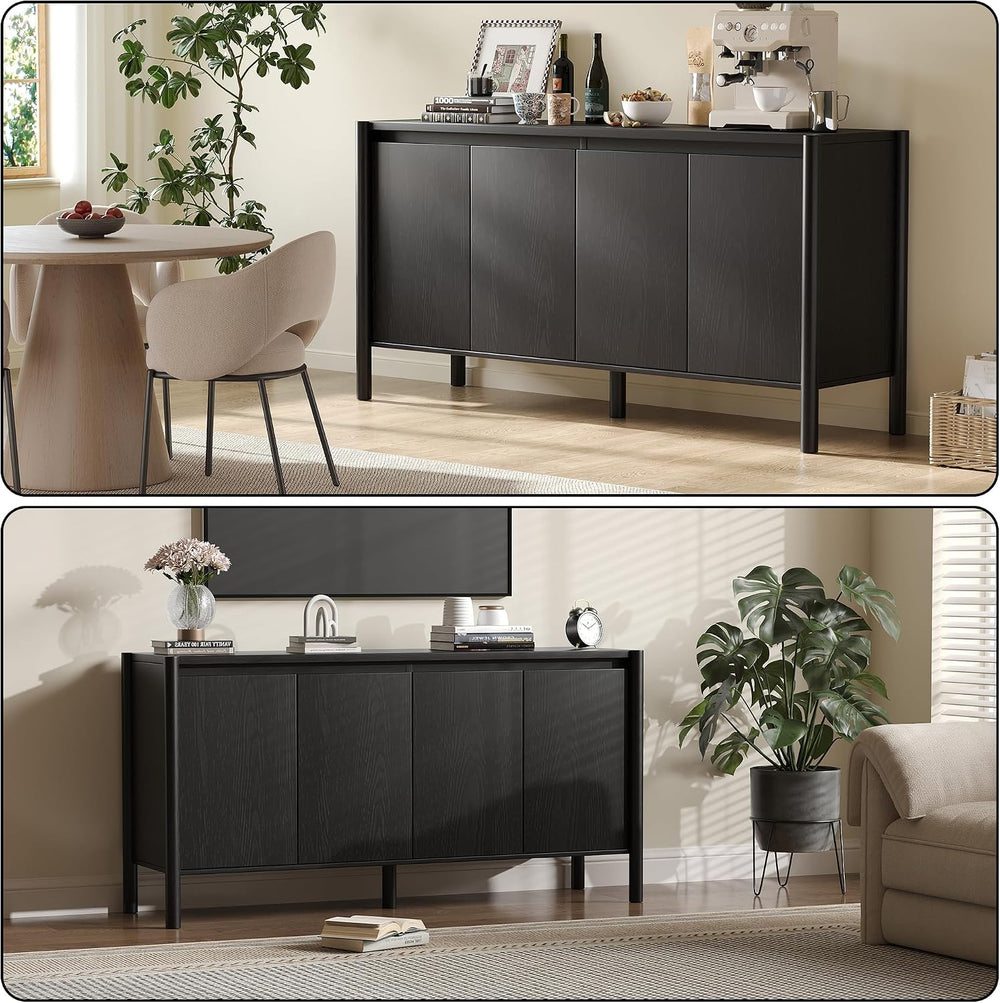 59 Inch Black Buffet Cabinet, Mid Century Wood Sideboard Storage