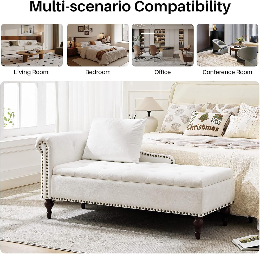 SOFTHION Velvet Chaise Lounge with Storage & Left Armrest, White