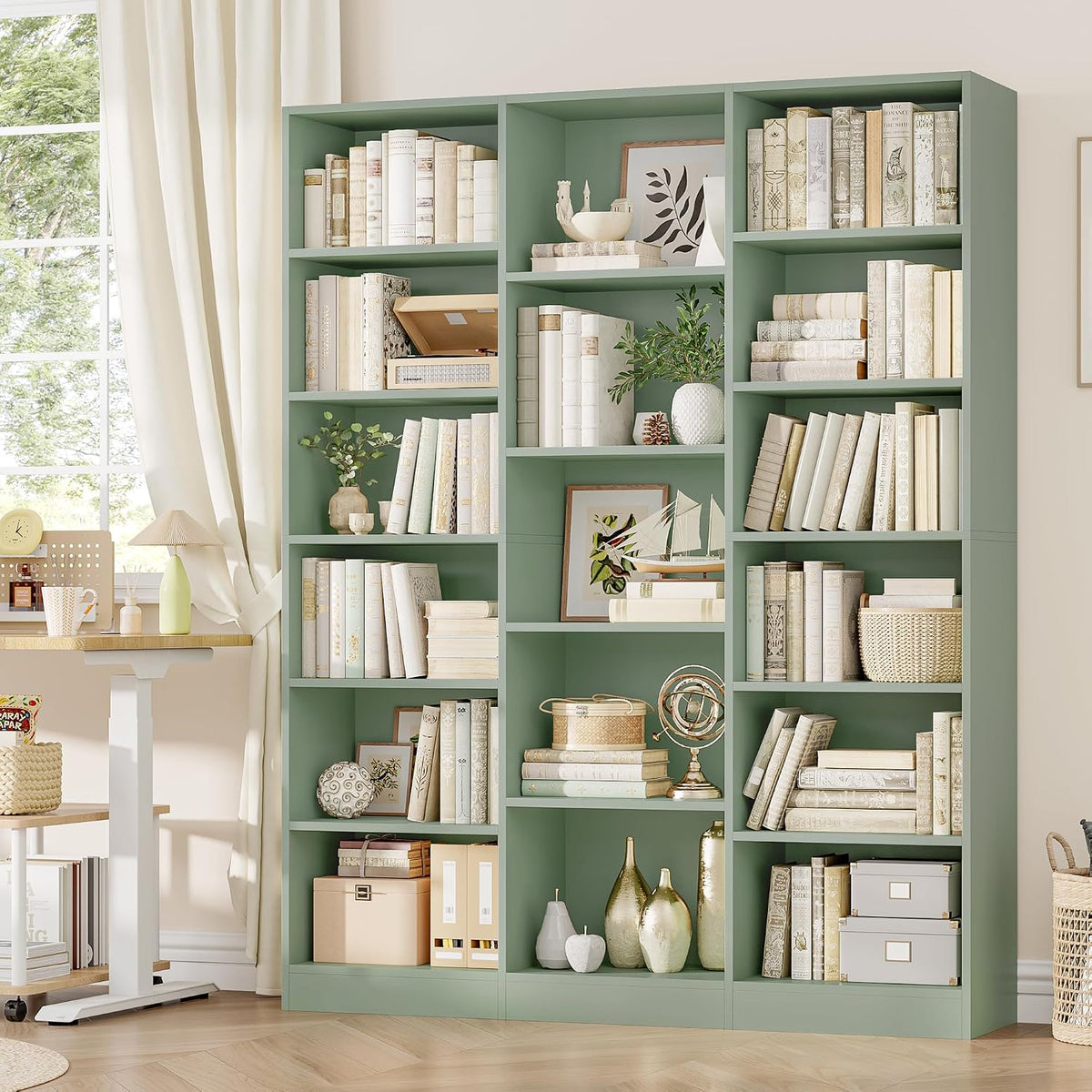 facbotall triple wide bookshelf, large bookshelf with 17, side view