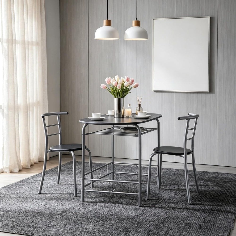 Space-Saving 3-Piece Dining Table Set, Table with 2 Stools, Black