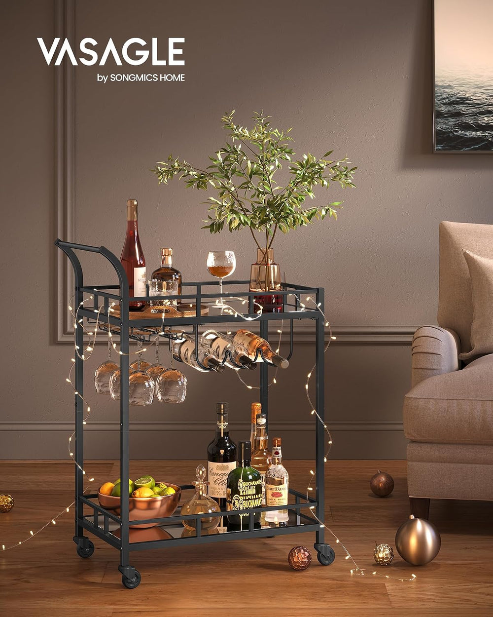 VASAGLE Bar Cart with 2 Mirrored Shelves, Wine Holders, Glass Holders