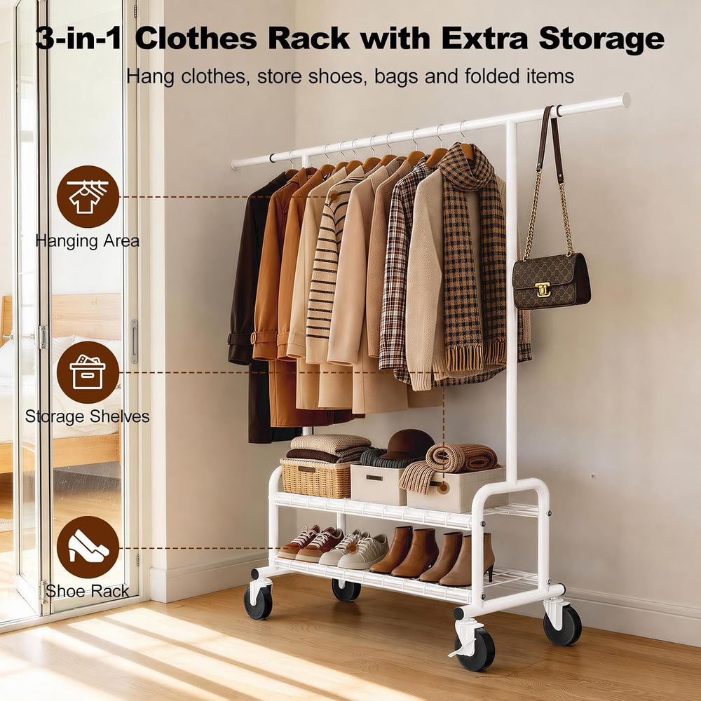 Clothes Rack Heavy Duty, 550 LBS Rolling Clothing Rack with Wheels, White