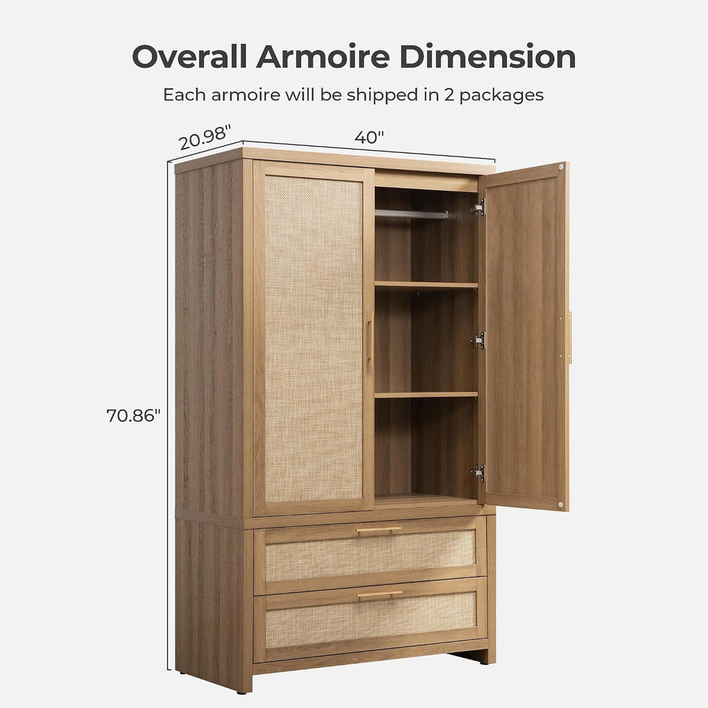SICOTAS 71 inch Armoire Wardrobe Closet, Rattan Boho Wardrobe with Drawers