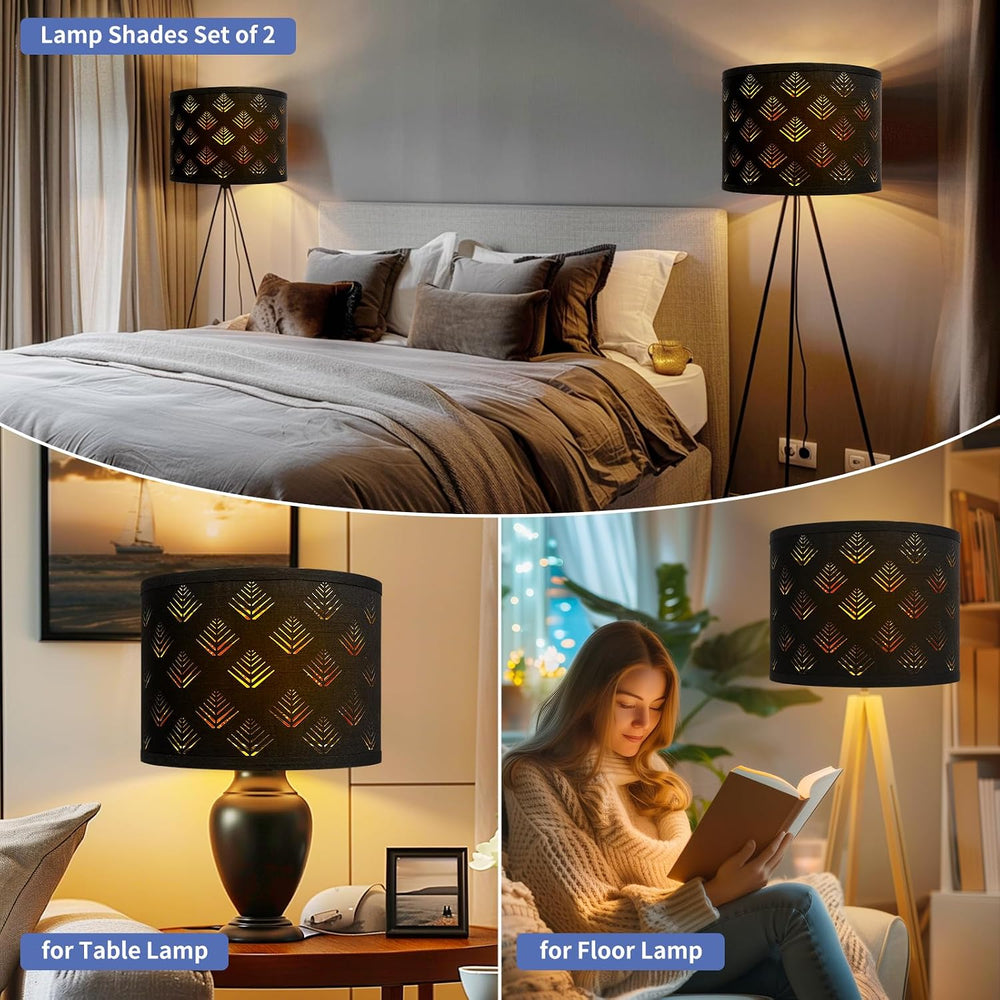 Lamp Shades Set of 2, Drum Lampshades with Leaf Design, 13" Top x 13&quo...