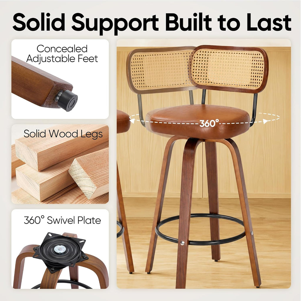 Rattan Bar Stools Set of 2,Upholstered PU Leather, 30''Counter Height Barstools with Back and Wood Legs,360°Swivel,Mid-Century Modern Bar Stool for kitchen Island Dining Room and Bar(Vintage Brown)