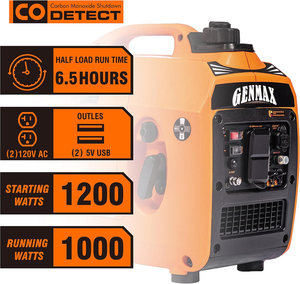GENMAX Portable Generator，1200W Ultra-Quiet Gas Engine, EPA Compliant, Eco-Mo...