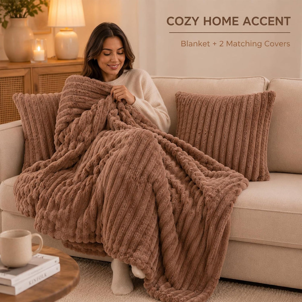 Blanket & Throw Pillow Covers Set - Dual-Sided Faux Fur Fluffy Blanket (5...