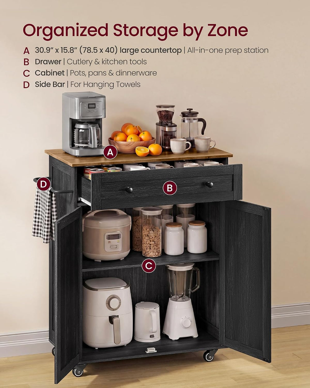 VASAGLE Mobile Kitchen Wooden Island Cart with Storage for Dining Room
