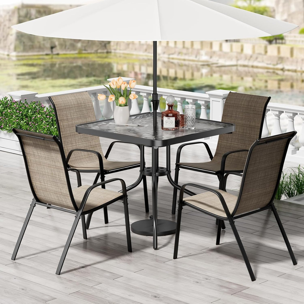 TLSUNNY 5 Pieces Patio Dining Set for 4, Glass Table and Textilene Chair