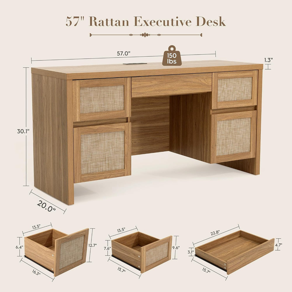 Yechen Executive Desk with 5 Drawers, 57" Modern Rattan Home Office Desk...