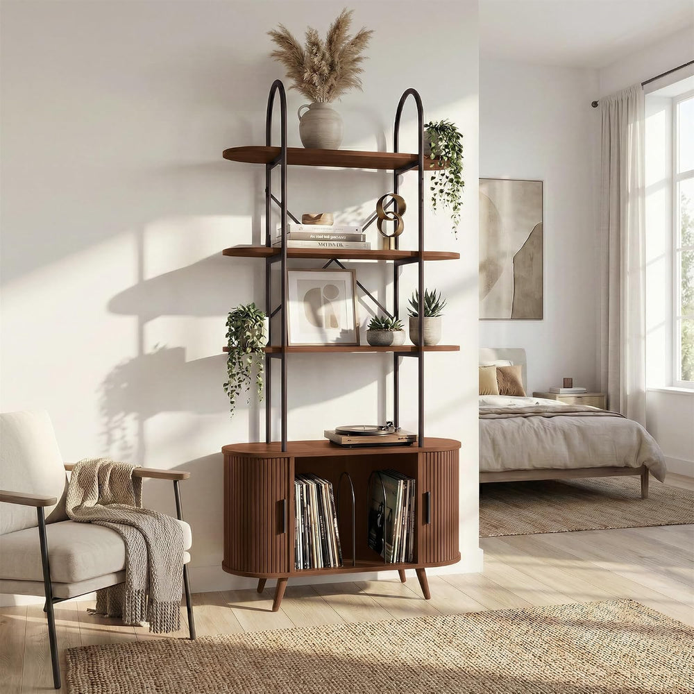 Tall Vinyl Record Player Stand with Sliding Doors, 4 Tier Shelf, Walnut