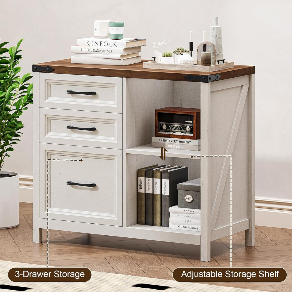 3 Drawers Farmhouse File Cabinet with Shelves, Rustic White and Brown