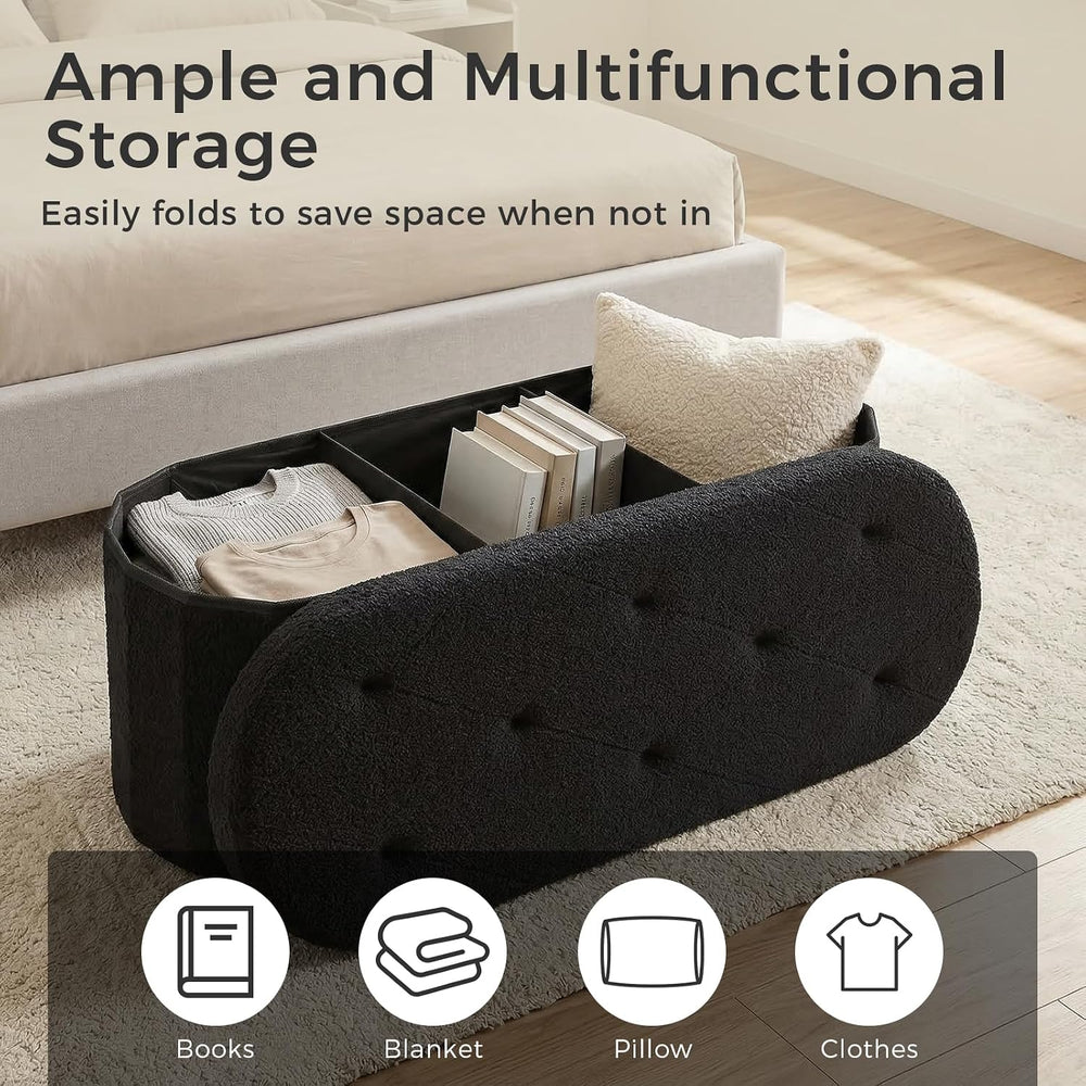 DUMOS 43" Oval Storage Ottoman Bench End of Bed, Black Teddy Fabric