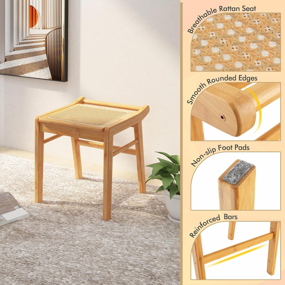 CHARMAID Vanity Stool, Bamboo Ottoman Foot Rest with Rattan Seat, Anti-Slip F...