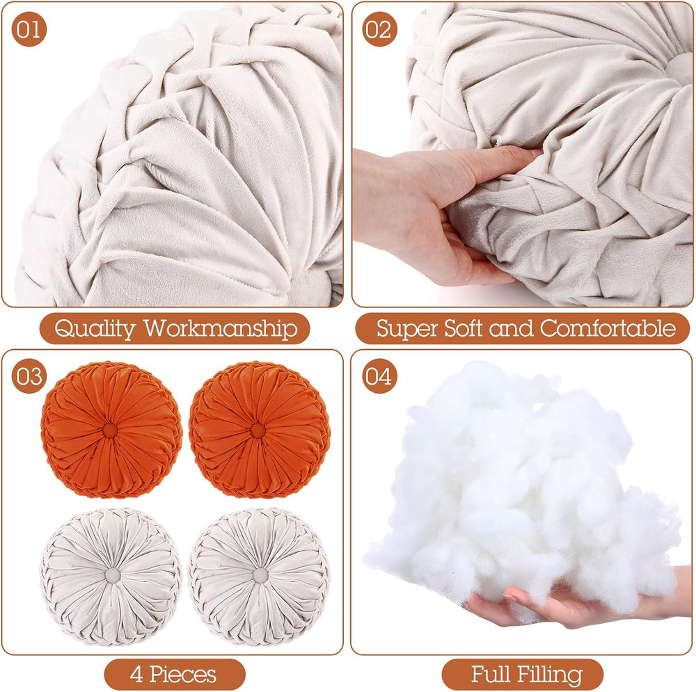 Kathfly 4 Pcs Round Throw Pillows Velvet Pleated Pillows, Cream, Orange