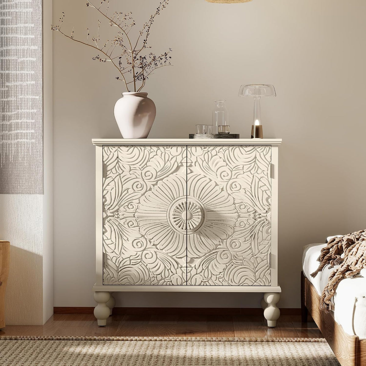 Solid Wood Buffet Cabinet, Accent Cabinet, 2 Carved Doors, Beige