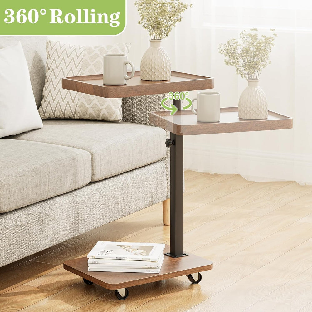 TV Tray Table Set of 2, C Shaped Adjustable End Side Table(Brown)