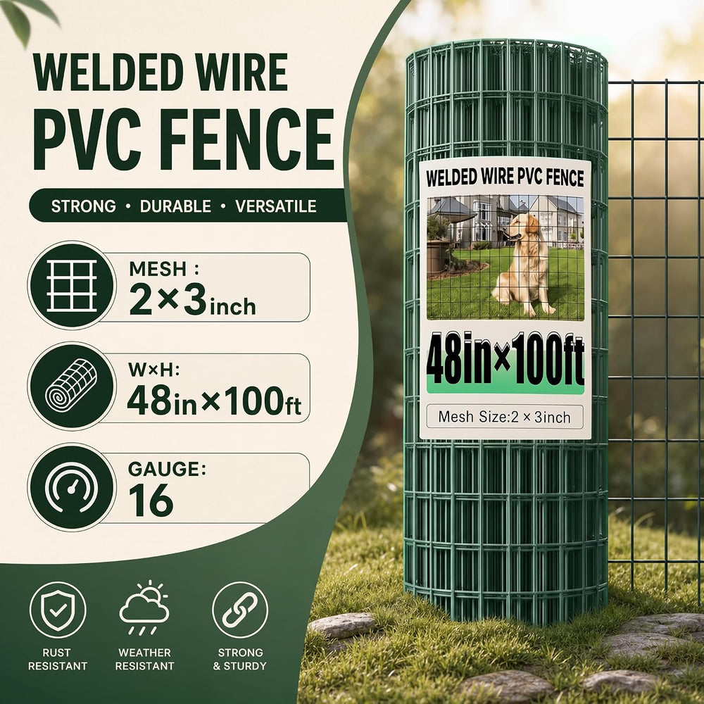 Green PVC Coated Welded Wire Fencing 48 Inch x 100 Foot, 2 Inch x 3 Inch 16GA...